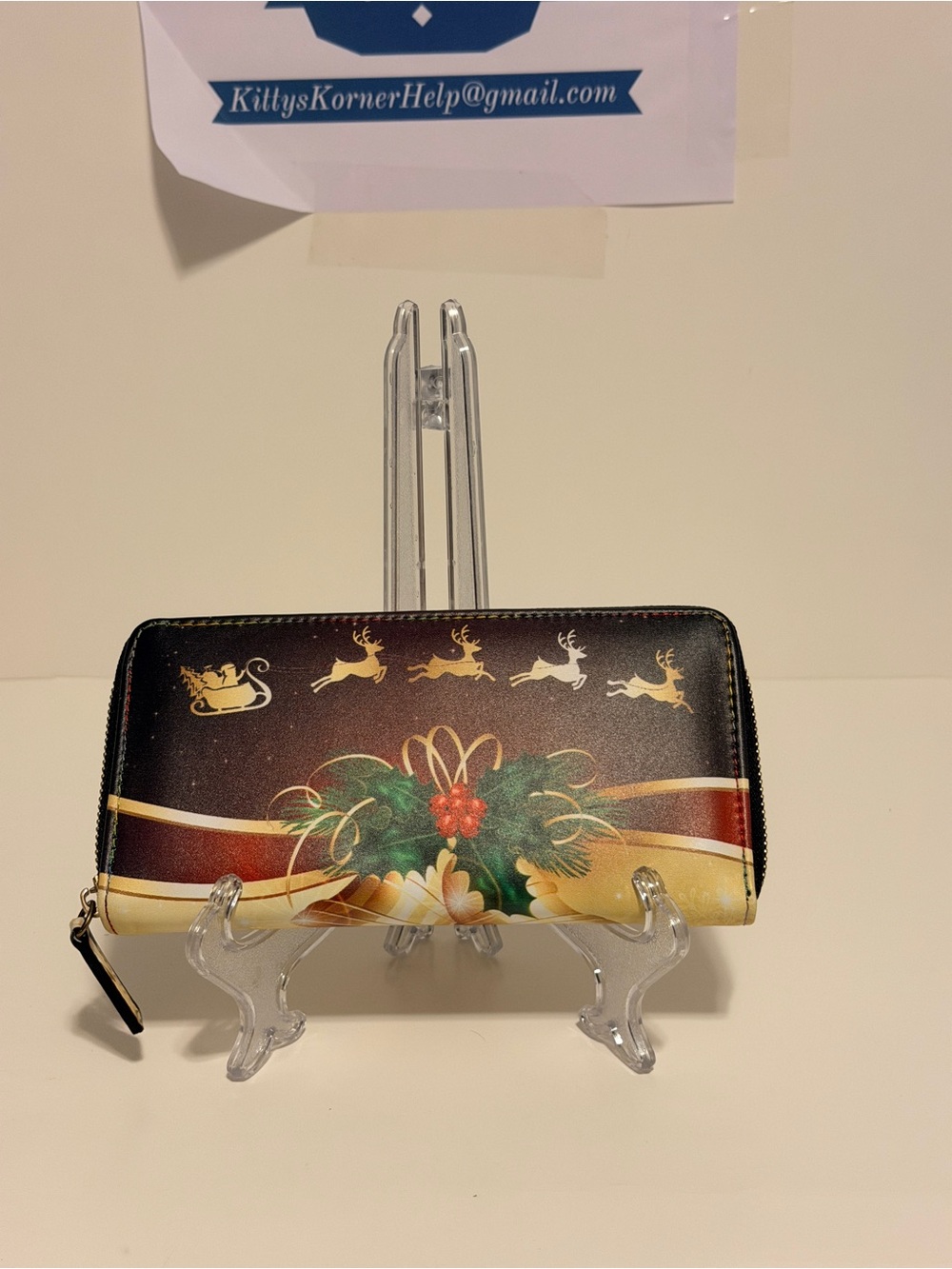 Festive Holiday Zip Wallet with Santa’s Sleigh & Reindeer and Gold Bells